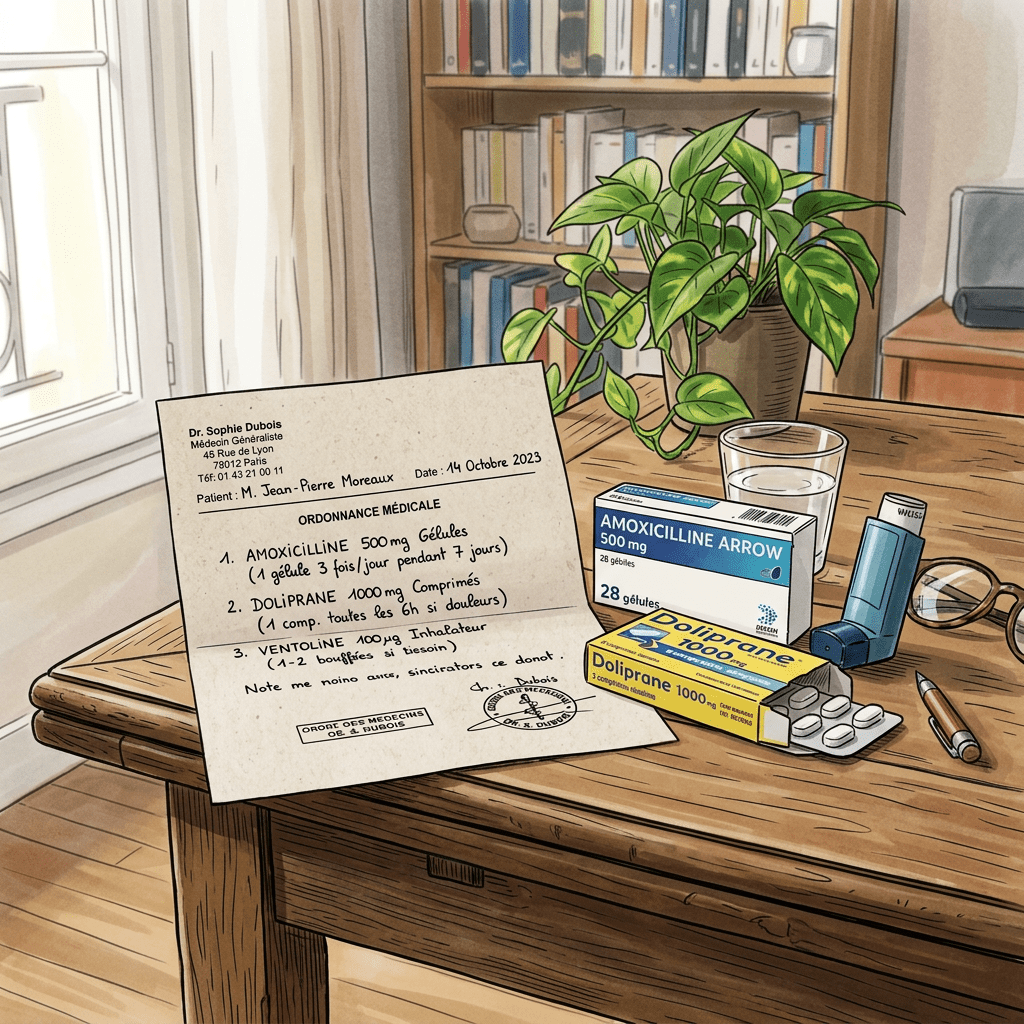 French prescription listing amoxicillin, Doliprane, and Ventoline beside medicine packages